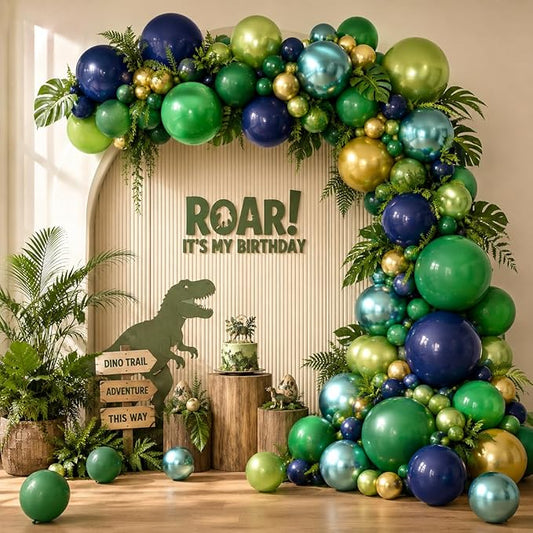134Pcs Blue and Green Balloon Garland Kit, Navy Blue Dark Green Gold Balloon Arch Kit with Metallic Chrome Balloons, Dinosaur Helium Latex Balloons for Dino Jungle Safari Birthday Party Decorations