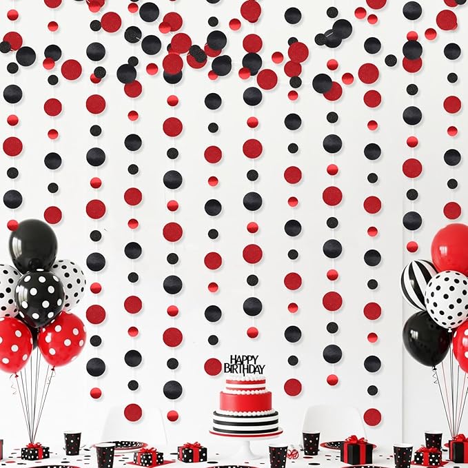 Outus 10 Pieces Black,Red Round Dots Garland Graduation Party Hanging Decor Each Length 13.1ft Glitter Paper Dot Streamers for Birthday Wedding Classroom Supplies
