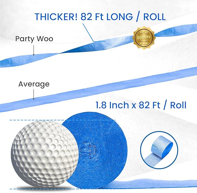 PartyWoo Crepe Paper Streamers 6 Rolls 492ft, Pack of White, Silver, Royal Blue, Light Blue Party Streamers for Birthday Decorations, Party Decorations, Wedding Decorations (1.8 Inch x 82 Ft/Roll)