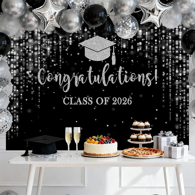 Mocsicka Class of 2026 Backdrop Black Silver Glitter Bokeh Graduation Party Background 2026 Congrats Grad Prom Party Cake Table Decoration Photo Booth Props (8x6ft)