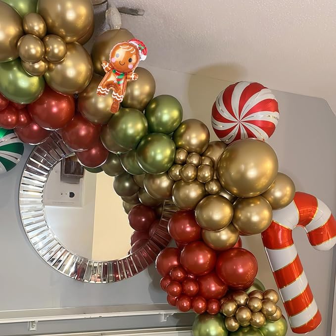 Red and Green Christmas Balloon, 12'' Retro Maroon Ruby Red Metallic Gold Pastel Green Xmas Latex Balloons with Candy Cane Gingerbread Man Foil Balloon for Merry Christmas Party New Year Decorations