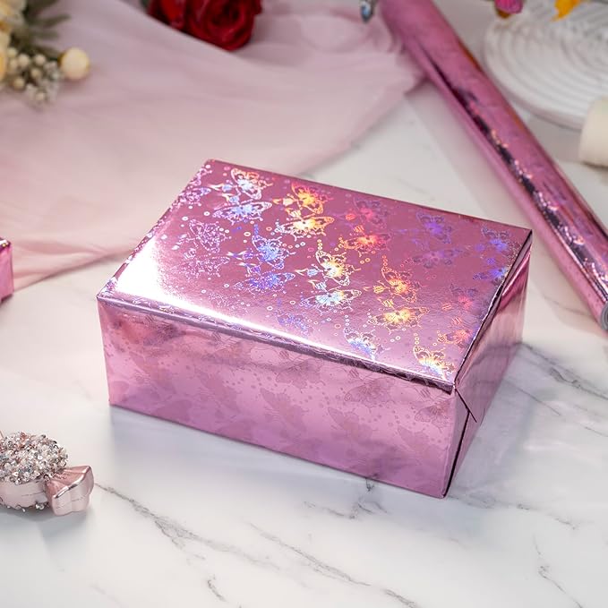 Burymento Pink Butterfly Wrapping Paper Roll, Metallic Holographic Butterfly Gift Wrap for Birthday, Valentines, Mothers day, Graduation, Wedding, Fathers day, Baby Shower, Christmas (17 IN x 32.8 FT)