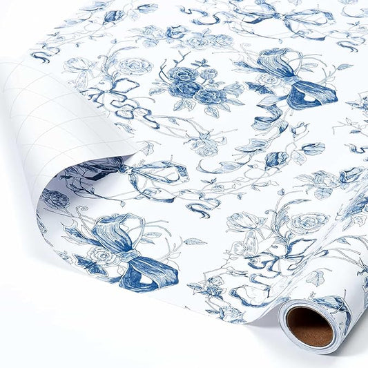 WERNNSAI Blue Bow Floral Wrapping Paper Roll - 1 Roll 17”x 33 ft Baby Blue Bow Gift Wrap Paper Vintage Floral Gift Packing for Coquette Birthday Wedding Bridal Shower Party Supplies