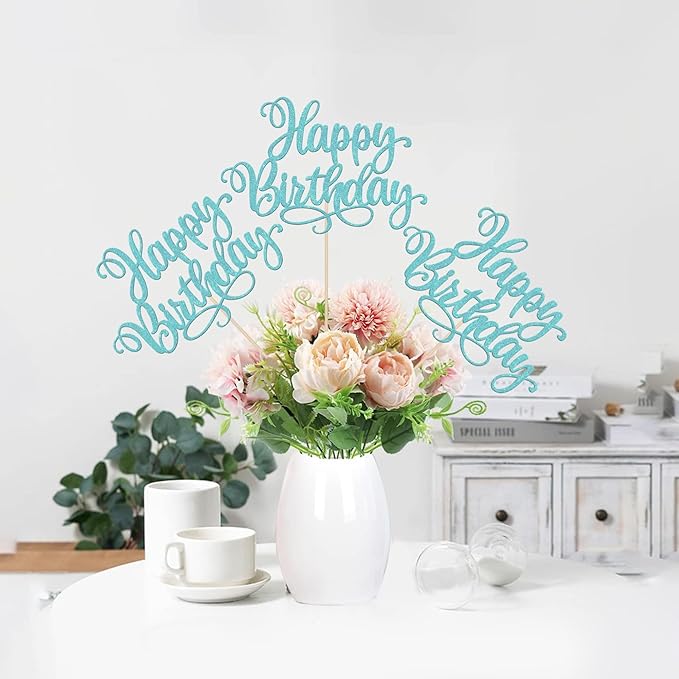12 PCS Happy Birthday Centerpieces Sticks Double Sided Glitter Birthday Party Decorations Anniversary Table Flower Centerpiece for Celebrating Birthday Party Centerpieces Supplies Light Blue