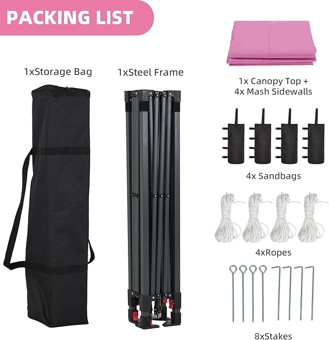 GDY 10x10 Pop up Canopy Tent with Mosquito Netting, Easy up Gazebo for Patio, Camping and Garden, Includes 4 Sandbags, Pink