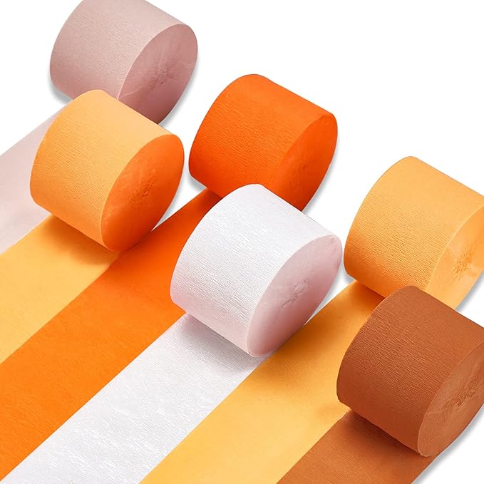 PartyWoo Light Orange Crepe Paper Streamers 6pcs 492ft Pack of Burnt Orange Baby Pink White Crepe Paper Streamers for Halloween Little Cutie Baby Shower Autumn Luau Theme Birthday Party Decorations