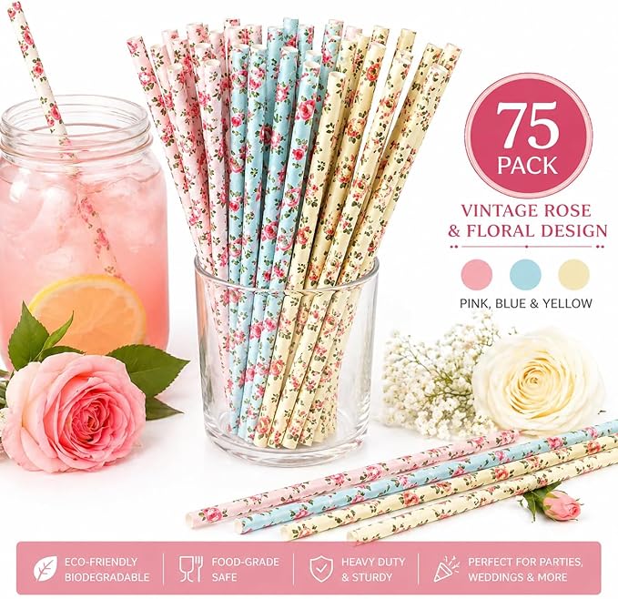 75-Pack Eco-Friendly Biodegradable Paper Straws - Vintage Rose & Floral Design in Pink, Blue, Yellow - Disposable Straws for Parties By JPACO