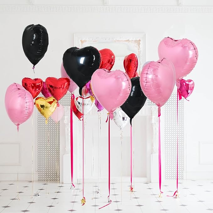 TONIFUL 30Pcs 18 Inch Pink Black Heart Balloons Valentine’s Day Heart Shape Foil Mylar Balloons Decoration for Romantic Valentine's Day Wedding Bridal Shower Anniversary Engagement Party Supplies