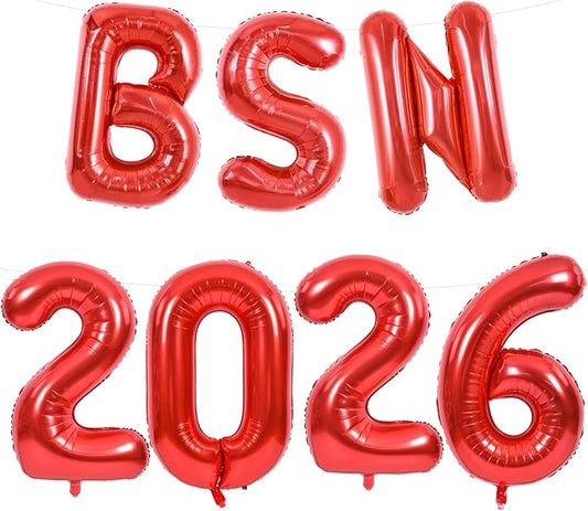 TONIFUL 2026 Nurse Graduation Decorations Red BSN 2026 Balloons 16 Inch BSN 2026 Banner Class of 2026 Congrats Nurse Balloons Decorations 2026 Nursing Graduation Party Supplies