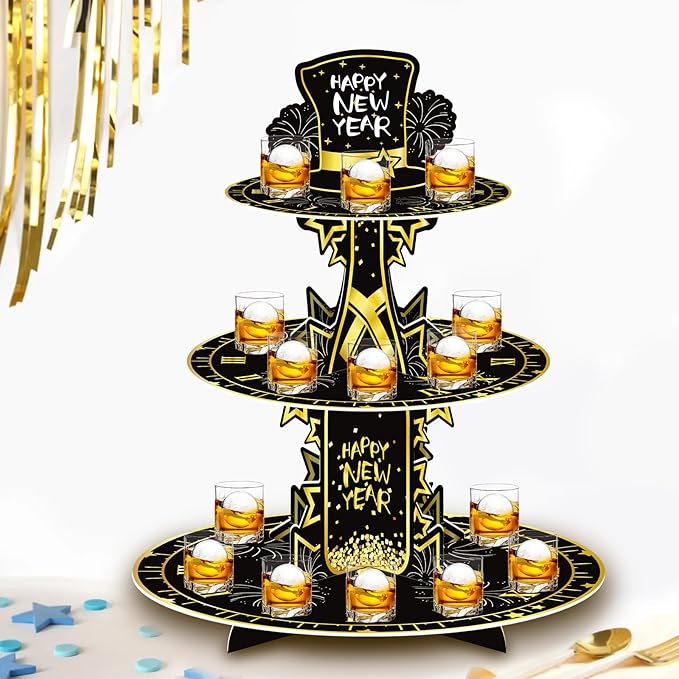 2025 Happy New Year Cupcake Stand 3-Tier Round Cupcake Stand New Years Eve Cake Stand Party Supplies New Year Table Decorations