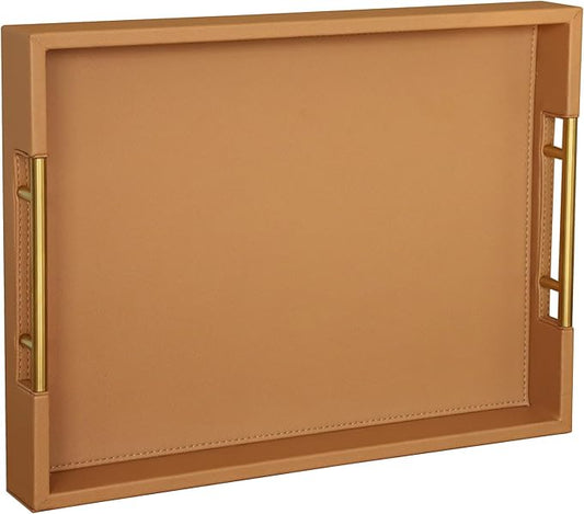 HofferRuffer Faux Leather Serving Tray with Gold Metal Handles, Stylish Decorative Tray Organizer for Coffee Table, Ottoman, Home Decor and Serving (Camel, 16.2" x 12.2" x 2")