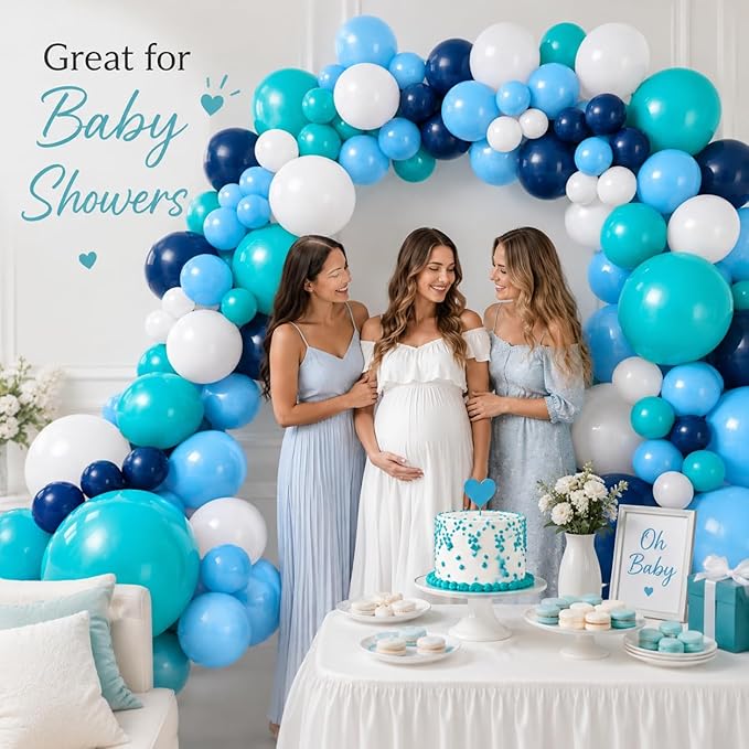 Teal Balloon Garland Arch Kit, Navy Blue Light Blue Teal White Turquoise Aqua Latex Balloons Garland Kit for Boys Girls Women Bridal Baby Shower Ocean Birthday Wedding Party Decorations Supplies