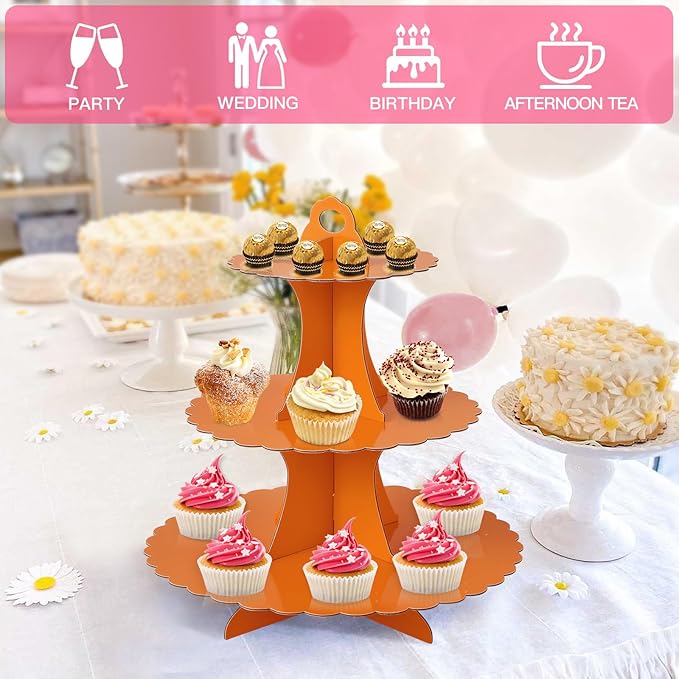 Soleebee 3-Tier Cupcake Stand, Cardboard Cupcake Tower, Dessert Cup Cake Stand Tower for Birthday Wedding Party Decoration, Cupcake Tier Stand 2 Set (Orange)