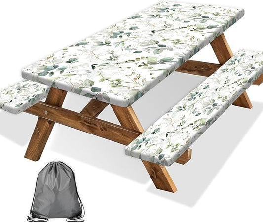 Picnic Table Cover with Bench Covers and Bag, Camping Essentials, Eucalyptus Leaves Outdoor Table Covers, Waterproof Windproof, Fitted Tablecloth Cover with Elastic Edge, 3 PCS, 30x60 Inch