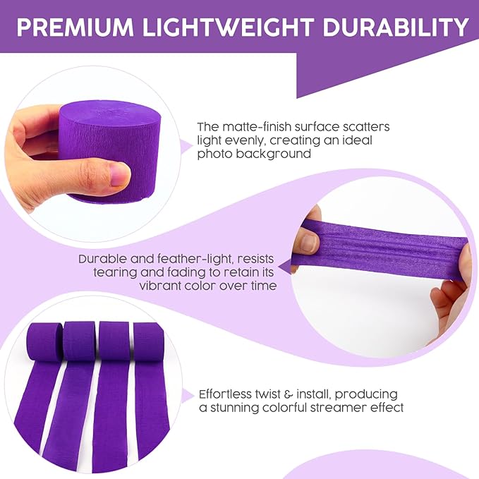 4 Rolls Crepe Paper Deep Purple Streamers – Perfect for Streamers Party Decorations, Wedding, Birthday, Colored Decor, and DIY Craft Supplies(1.8 Inch x 82 Ft/Roll)