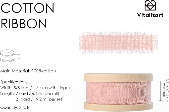 Vitalizart Pink Cotton Ribbon Handmade Fringe 5/8" x 21 Yd Pure Natural Cotton Ribbons for Valentines Days Gift Wrapping Wedding Invites Bridal Shower Bouquets Holiday Decor Light Pink