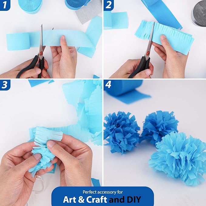 Captain Décor 6 Light Blue Streamers with Silver & White – 492ft Crepe Paper Rolls for Party & Birthday Decorations in Baby & Blue Accents