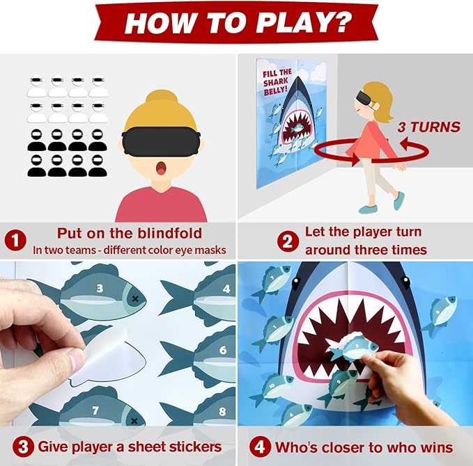 PARTYLOUD Shark Party Games, Pin The Fish on The Shark, Shark Party Games Party Birthday Party Fun Games Supplies Decorations Decor for Kids Families Adult Groups