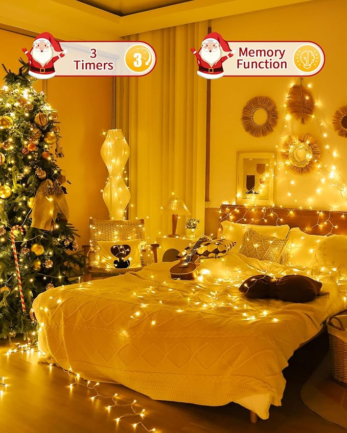 Christmas Lights String Outdoor Indoor, Xmas Tree Decorations Lights, Plug in Twinkle Fairy Light with Remote Timer Dimmable for Room Yard Holiday Party Wedding Decor (Warm White, 108FT 300 LED)