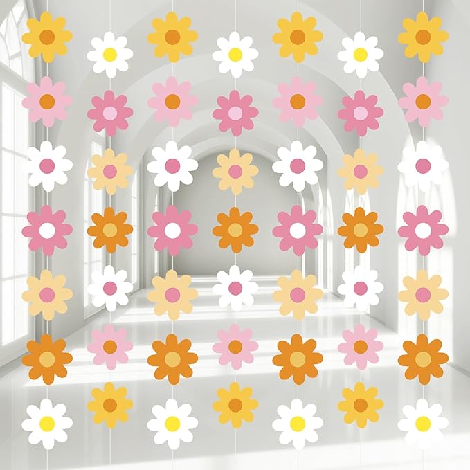 Pasimy 8 Pcs Daisy Boho Party Decorations Groovy Daisy Paper Garlands White Flower Hanging Garland Banner Hippie Flower Cutouts for Birthday Shower Wedding Party Favor Supplies(Groovy,Multicolor)
