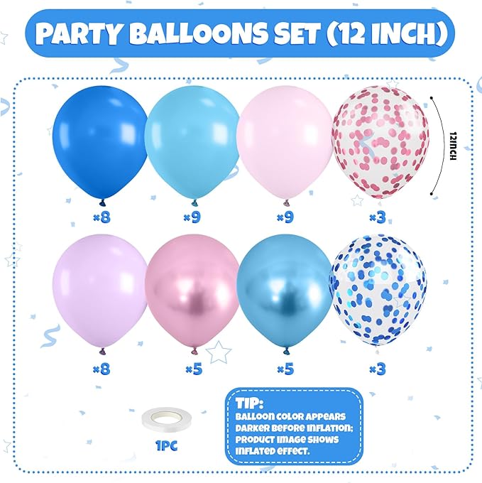 Pink and Blue Balloon, 50Pcs 12 Inch Pastel Pink Blue Purple Confetti, Royal and Metallic Confetti Balloons for Birthday, Baby Shower, Gender Reveal Supplies