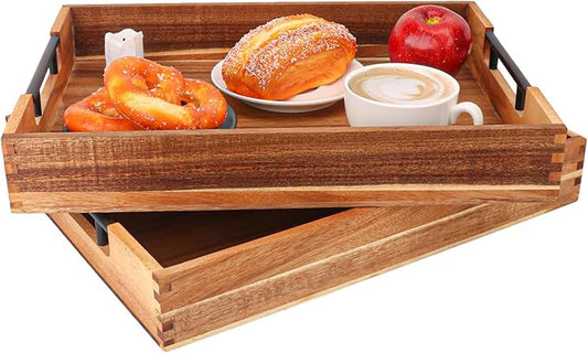 2 PCS Acacia Wood Serving Tray with Black Handles - 13 x 17 inches Premium Wooden Tray for Ottoman and Coffee Table Tray, Home Decor, Kitchen