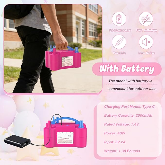 AXHJ Balloon Pump Electric, Rechargeable Cordless Balloon Air Pump with Type-C, Blower Inflator for Long Balloons, Foil Twisty Animal Latex Balloons in Birthday Party for Decorations