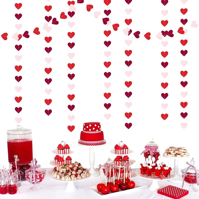 Burgundy-Red Light-Pink Valentines Party-Decorations Heart-Garland - 52ft Glitter Galentines Hanging Streamers Banner,Women Romantic Special Night Wedding Bachelorette Birthday Backdrop Decor Burgleda