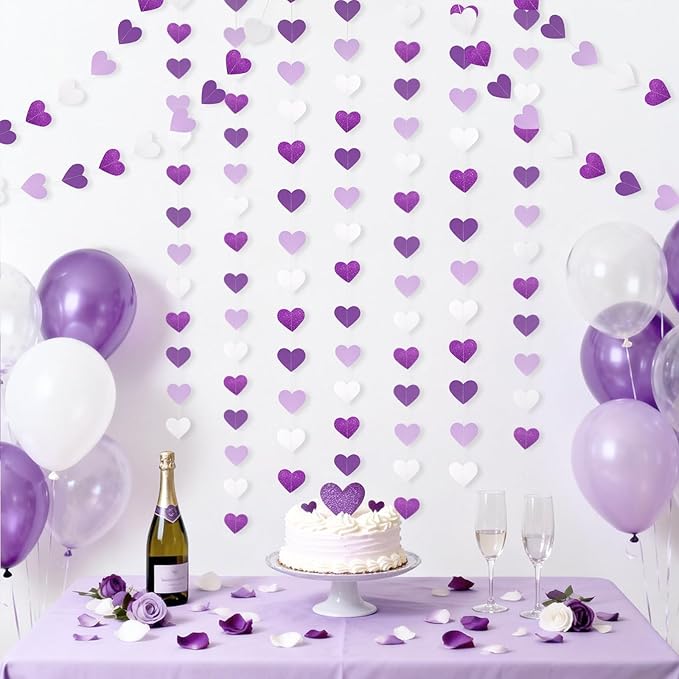 GCQQ Purple Heart Garland - 52Ft/16M Purple and White Lavender Party Decorations 4 Packs Glitter Hanging Heart Streamers for Birthday Wedding Baby Bridal Shower Bachelorette Party Backdrop Décor