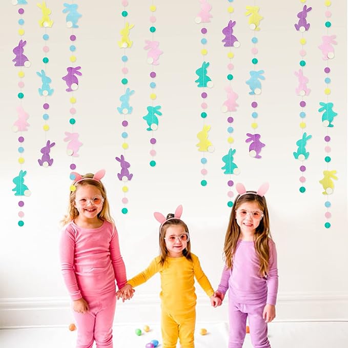 pinkblume Easter Party Decorations Pastel Easter Bunny Circle Dot Garland Streamer Hanging Felt Polka Dots Rabbit Easter Banner for Happy Easter Day Spring Birthday Tea Party Home Decorations Supplies