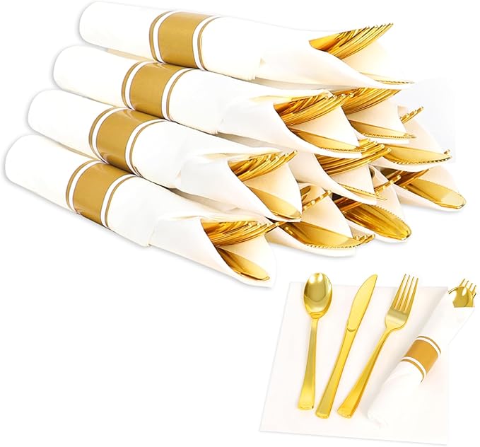 10 Pack Pre Rolled Gold Plastic Silverware Set,Wrapped Plastic Cutlery Set with Napkin Include 10 Forks,10 Spoons,10 Knives and 10 White Napkins for Party,Wedding,Birthday