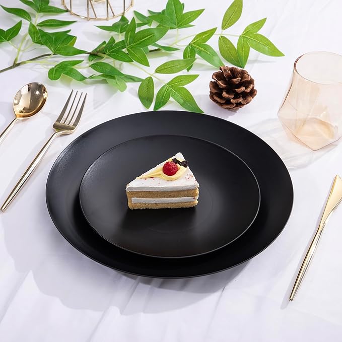 EI enjonirinjonir 80pcs Black Dessert Plates 7.5inch,Disposable Matte Plastic Plate Frosted Small Black Dessert/Cake/Appetizer Plastic Plates Disposable Heavy Duty for Party or Wedding Serve 80 Guest