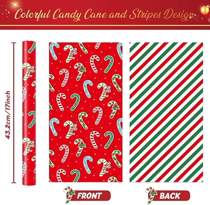 WERNNSAI Candy Cane Christmas Wrapping Paper - 1 Roll 17”x 33 ft Funny Christmas Wrapping Paper Roll Reversible Candy Cane and Stripe Gift Wrap for Xmas Holiday Winter Party Celebration