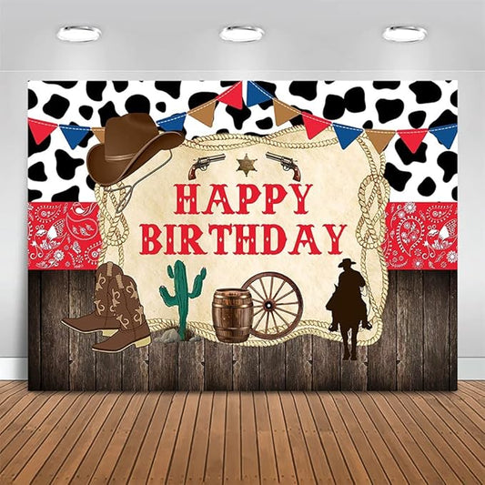 Mocsicka Western Cowboy Happy Birthday Backdrop Rustic Old West Rodeo Cowboy Background Red Bandana and Rustic Wood Kids Birthday Party Decoration Banner (10x8ft(120''x96''))