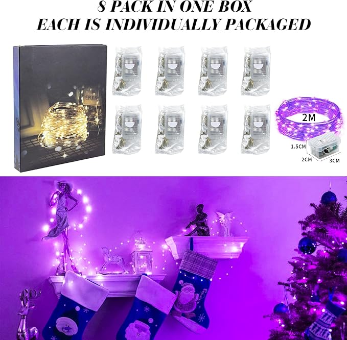 8 Pack Fairy Lights Battery Operated, 7FT 20 Mini LED Silver Wire Twinkle Lights for DIY, Parties, Wedding, Bedroom, Christmas Decoration (Purple)