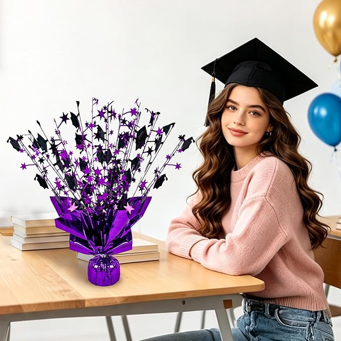 6 Packs Graduation Decorations Centerpieces for Tables Metallic Foil Star Graduate Cap Burst Tabletop Display in Purple and Black for Grad Ceremonies Celebrations Party Decor Supplies 12 (Purple)