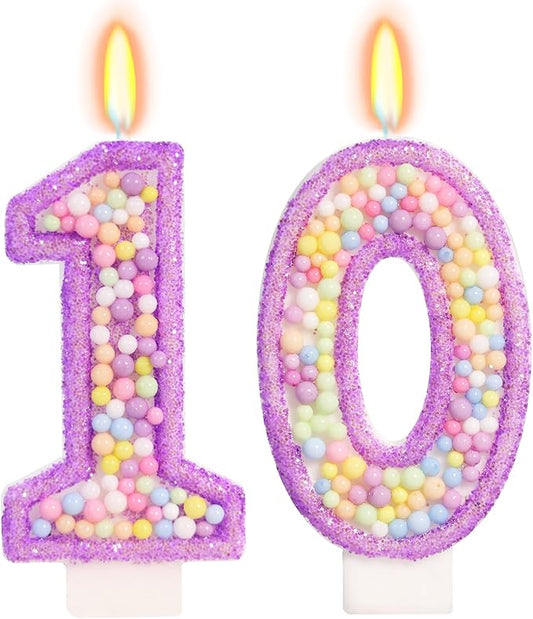 Purple Birthday Candles - Number 10 Candle, Colorful Macaron Candles, 10 Birthday Decorations for Girls, Purple Cake Decorations, Theme Party Supplies