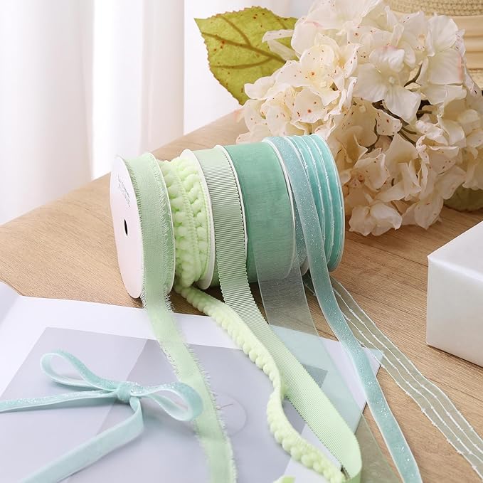 LaRibbons Green Ribbons for Crafts 6 Rolls Assorted Mint Green Ribbons for Gift Wrapping, DIY Crafts, Sewing, Hair Bows and Party Decorations 27.5 Yards