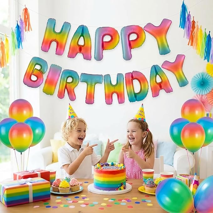 Colorful Rainbow Happy Birthday Banner Foil Letter Balloon, 14 Inch 3D Reusable Inflatable Mylar Balloon Foil Sign, Birthday Decorations for Women Men Boys Girls Kids (Birthday Banner 4)