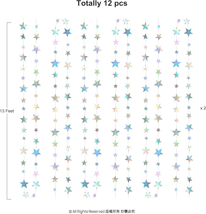 Cheerland 156ft Iridescent Star Garlands Space Party Decorations Hanging Stars Decoration Holographic Streamer Banner Backdrop Graduation Disco Galaxy Moon Euphoria Birthday Party Garland Star Decor