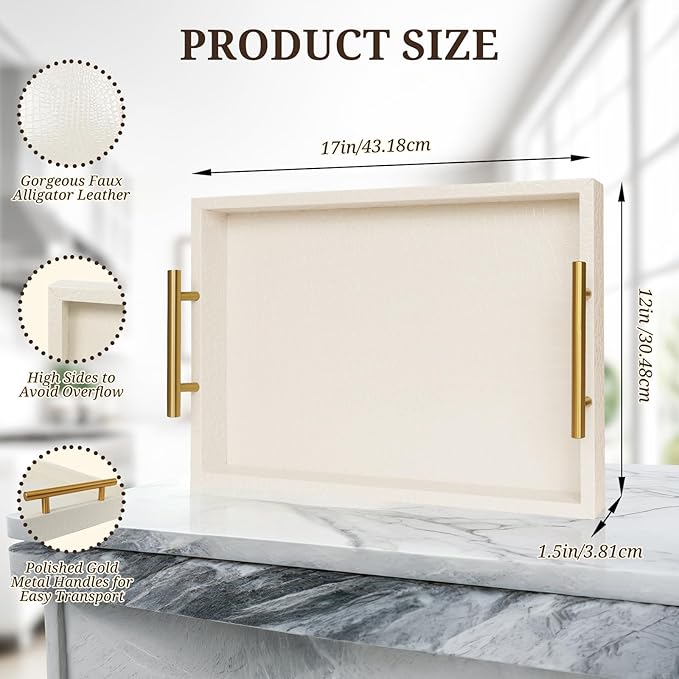 SXNOWS 17"x12" Cream Faux Leather Serving Tray with Gold Handles, Rectangle Decorative Tray for Ottoman, Coffee Table, Kitchen, Bar, Gift for Home Decor