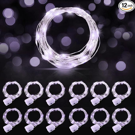 AIKEI 12 Pack Led Fairy Lights Battery Operated String Lights Waterproof Silver Wire 7 Feet 20 Led Firefly Starry Moon Lights for DIY Wedding Party Bedroom Patio Christmas (12 Pack, White)