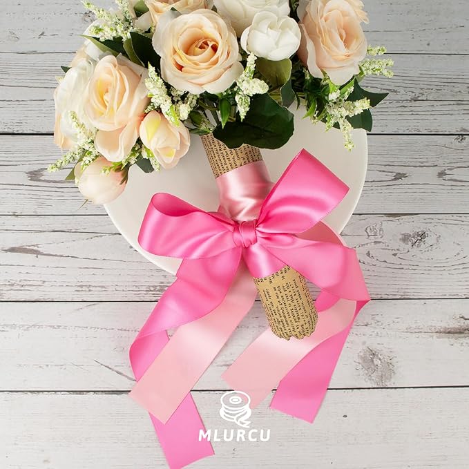 Pink Satin Ribbon 1-1/2 Inch Assorted Double Faced Pink Ribbon Set for Flower Bouquet, Gift Wrapping, Wedding Invitation, Bridal Shower Decor, Hair Bows and Crafts, 6 Rolls Total 30 Yards