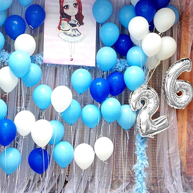 OuMuaMua 62pcs Blue Silver White Confetti Balloons Kit, 12 Inch White Royal Blue Metallic Silver Confetti Balloons for Boy Birthday Baby Shower Graduation Party Supplies