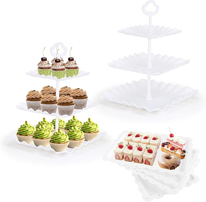 6 Pcs Dessert Table Display Set - 2 X Cupcake Stand Holder/Cup Cake Tier Tower & 4 X Serving Tray Combo for Tea Party, Birthday, Baby Shower (Square Pure White)