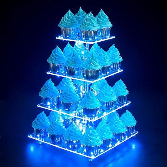 Cupcake Stand, 4-Tier Square Cupcake Holder with LED light String, Acrylic Cupcake Tower Display-Dessert Tower-Pastry Stand-Cupcake Tier Stand for Wedding, Birthday party ( Blue Light)