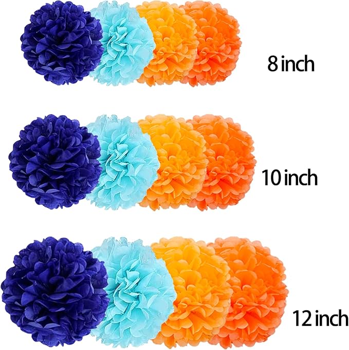 12pcs Blue and Orange Tissue Paper Pom Poms,Hanging Paper Pompoms for Pink Orange Party Decoration