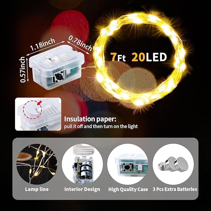 pozzolanas 8 Pack Warm White Fairy Lights Battery Operated 3 Modes 7FT 20 LED Waterproof String Lights Twinkle Silver Wire for Mason Jars Wedding Christmas Halloween Party Decor (8, Warm White)