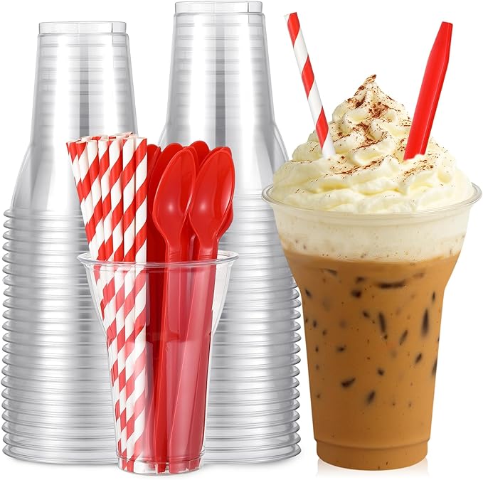 Baderke 25 Sets Plastic Parfait Cups with Red Plastic Soda Spoons and Paper Straws Disposable Root Beer Float Cups Clear Milkshake Mugs for Ice Cream Sundae Yogurt Party Drinks (15oz)