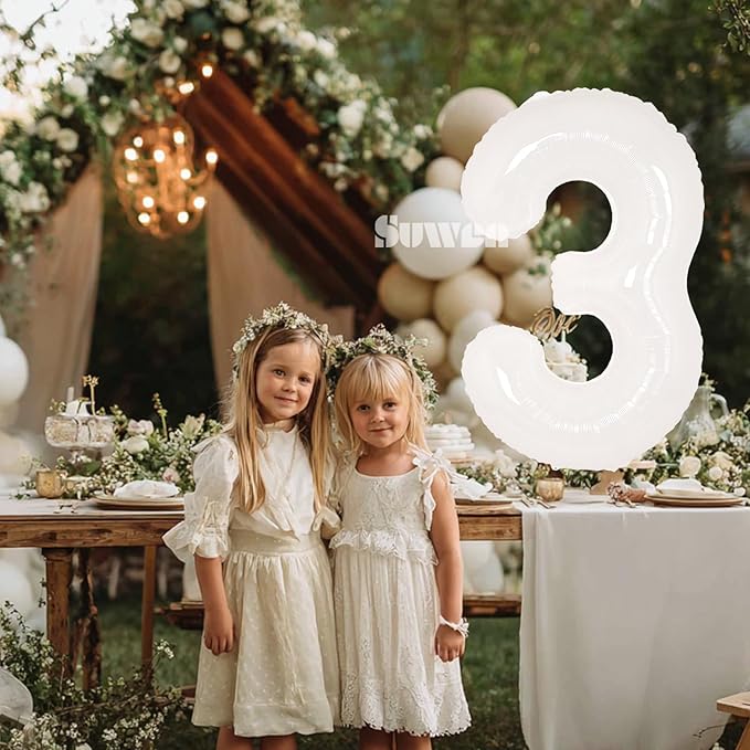 SUWEN 40 Inch White Large 3 Balloon Number Big Foil Helium Number Balloons 0-9 Giant Jumbo Happy 3rd Birthday Party Decorations for Boy or Girl Huge Mylar Anniversary Party Supplies